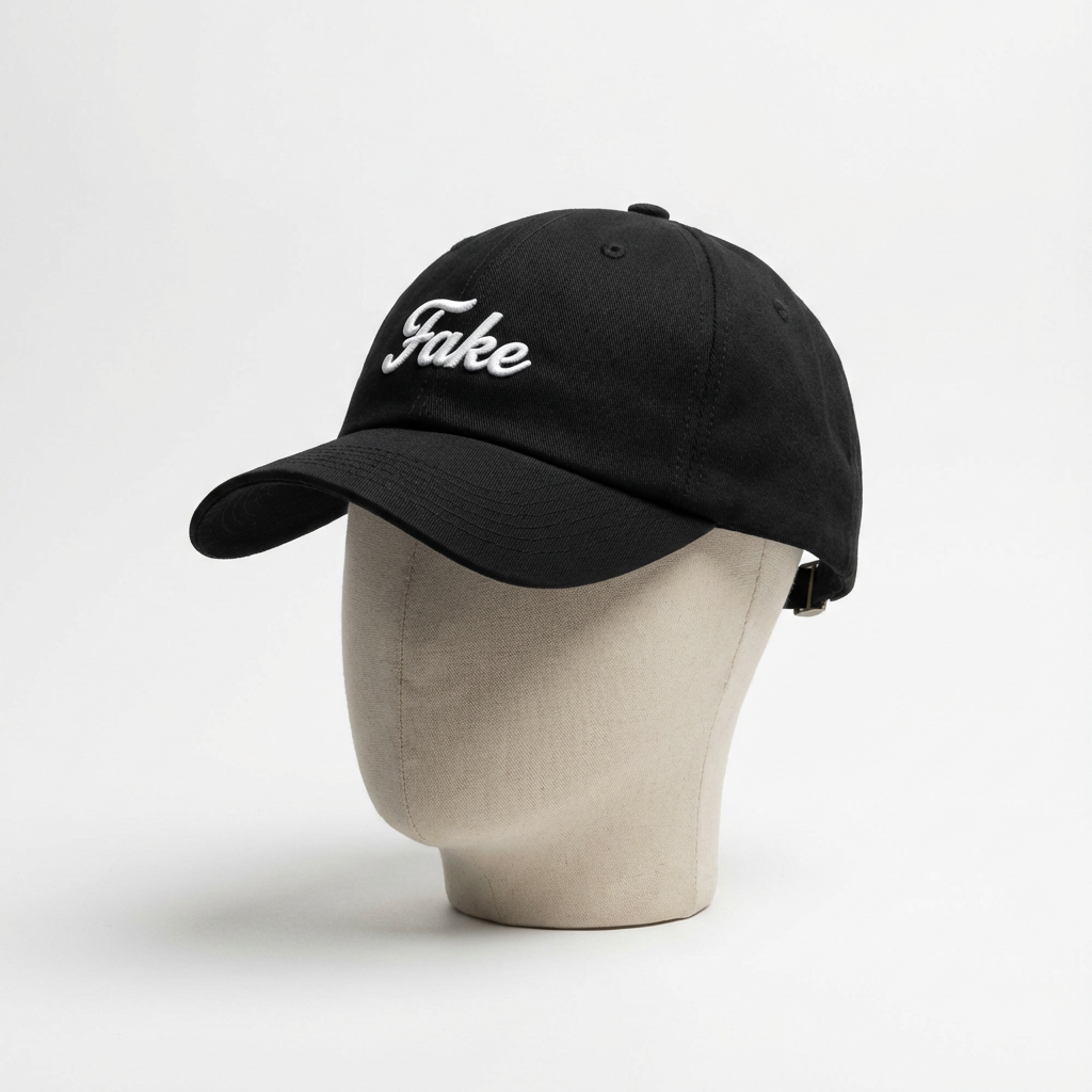Fake Script Cap in black color - Classic six-panel cap with embroidered script