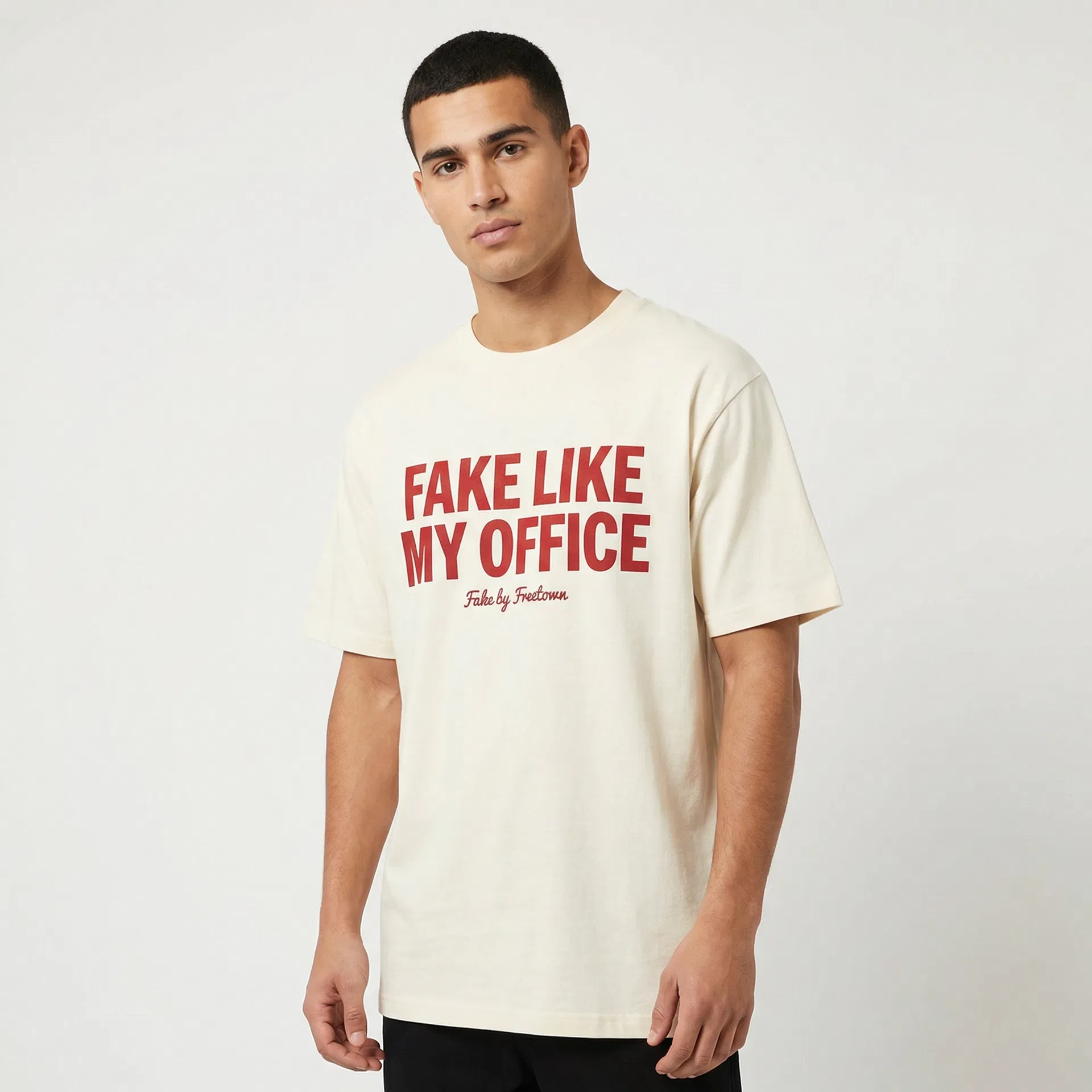 Fake Office (Plus) in black color - Plus Size (XL-4XL) premium heavyweight cotton tee with "Fake Like My Office" print