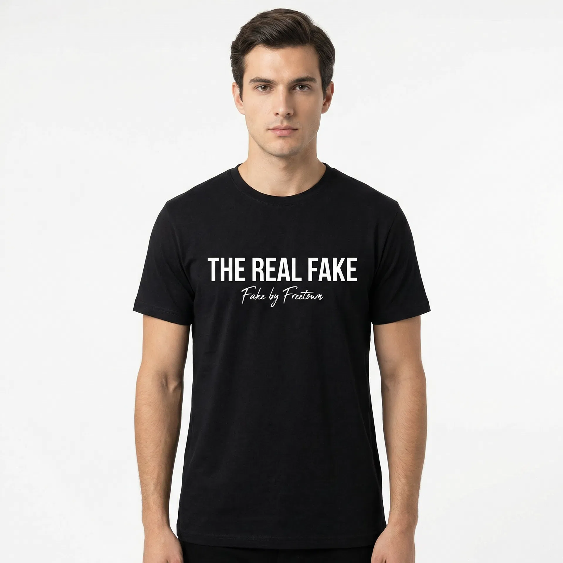 The Real Fake (Plus) in black color - Plus Size (XL-4XL) premium heavyweight cotton tee with "The Real Fake" print