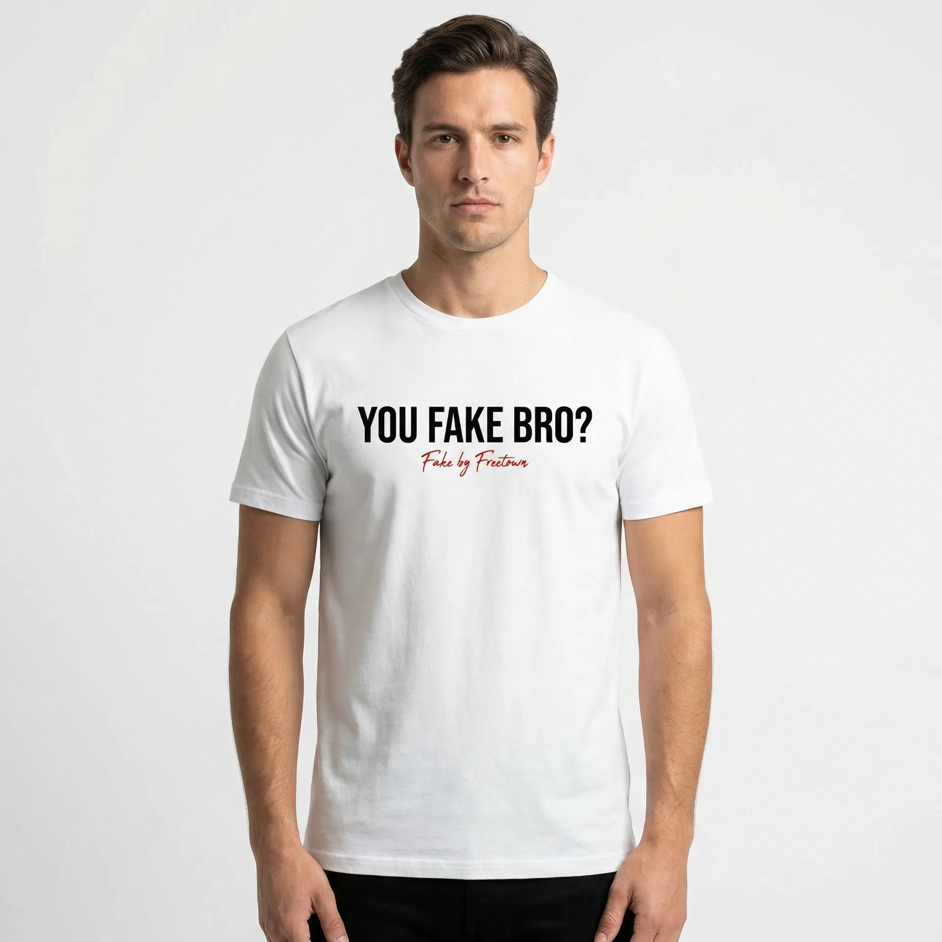 You Fake Bro? (Plus) in black color - Plus Size (XL-4XL) premium heavyweight cotton tee with bold "You Fake Bro?" print