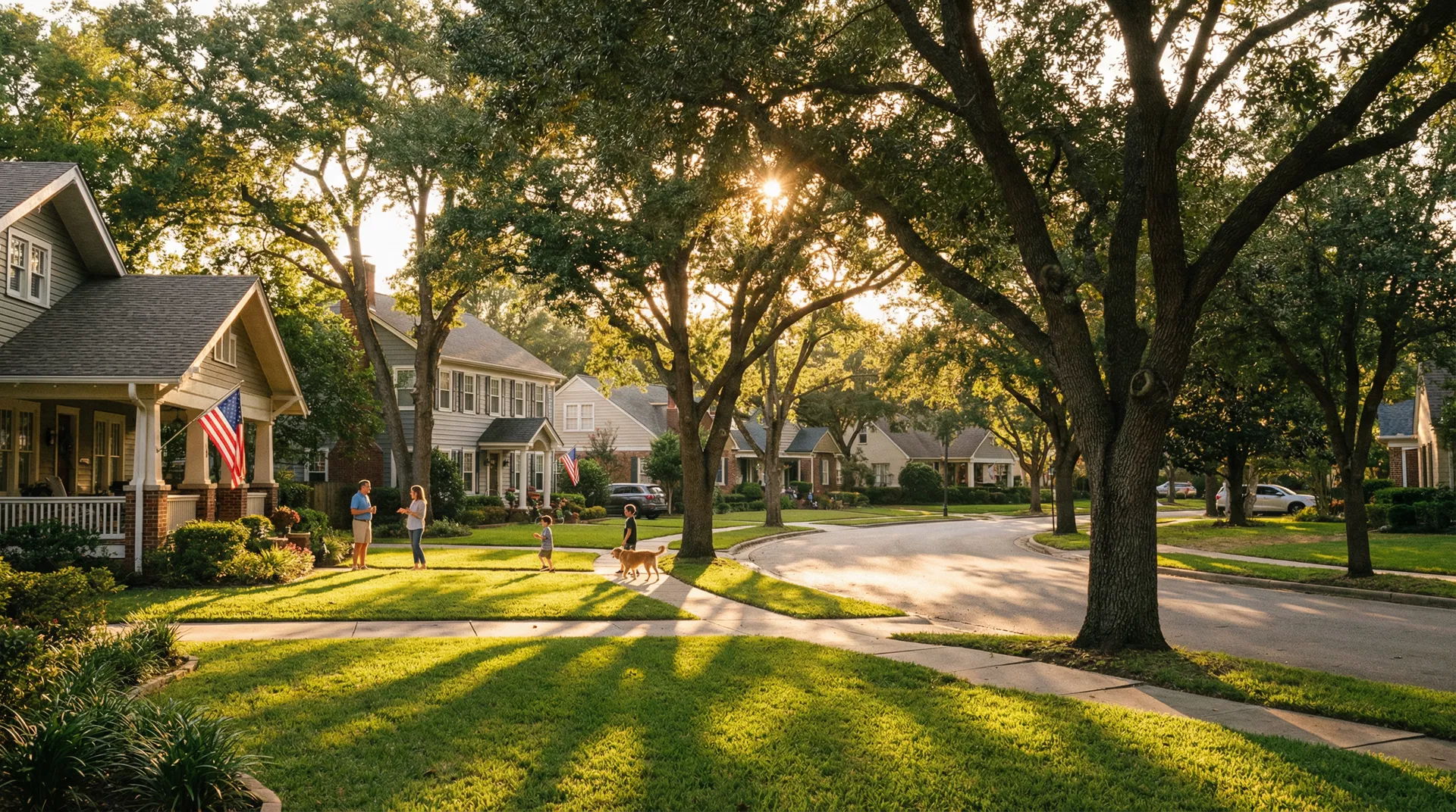 Beautiful suburban neighborhood with well-maintained lawns