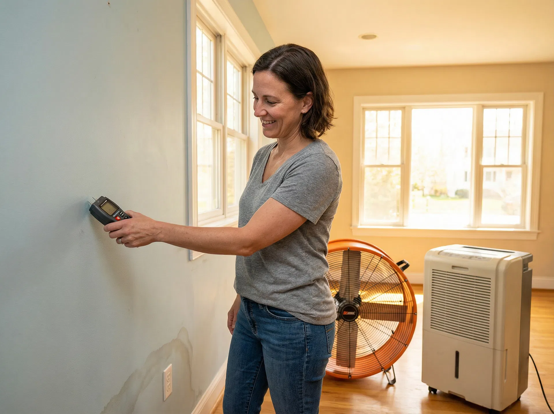 Homeowner using moisture detection equipment