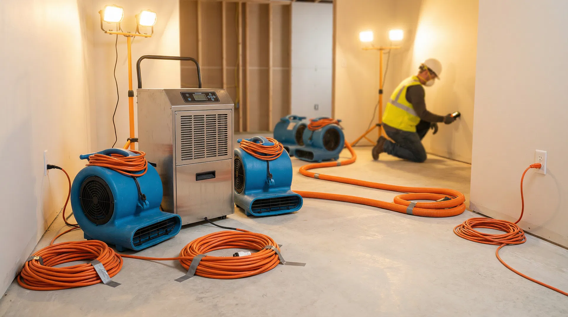 Professional water restoration equipment in action