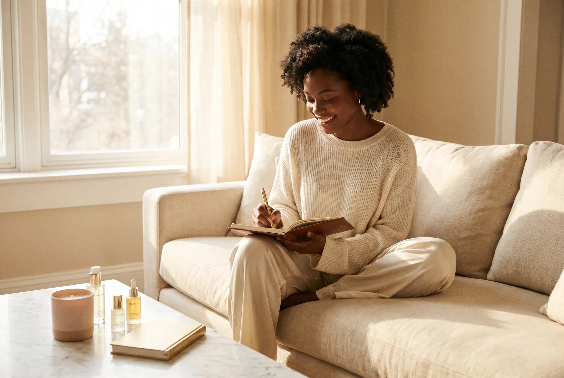 Young woman journaling with self-care products