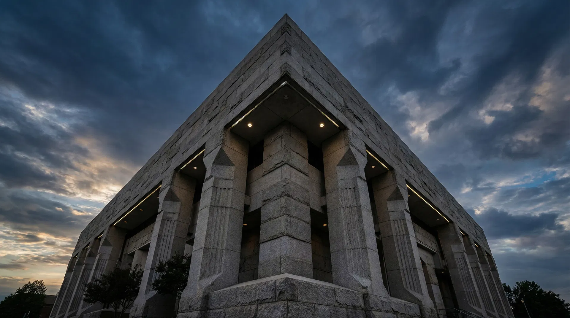 Courthouse exterior at dusk