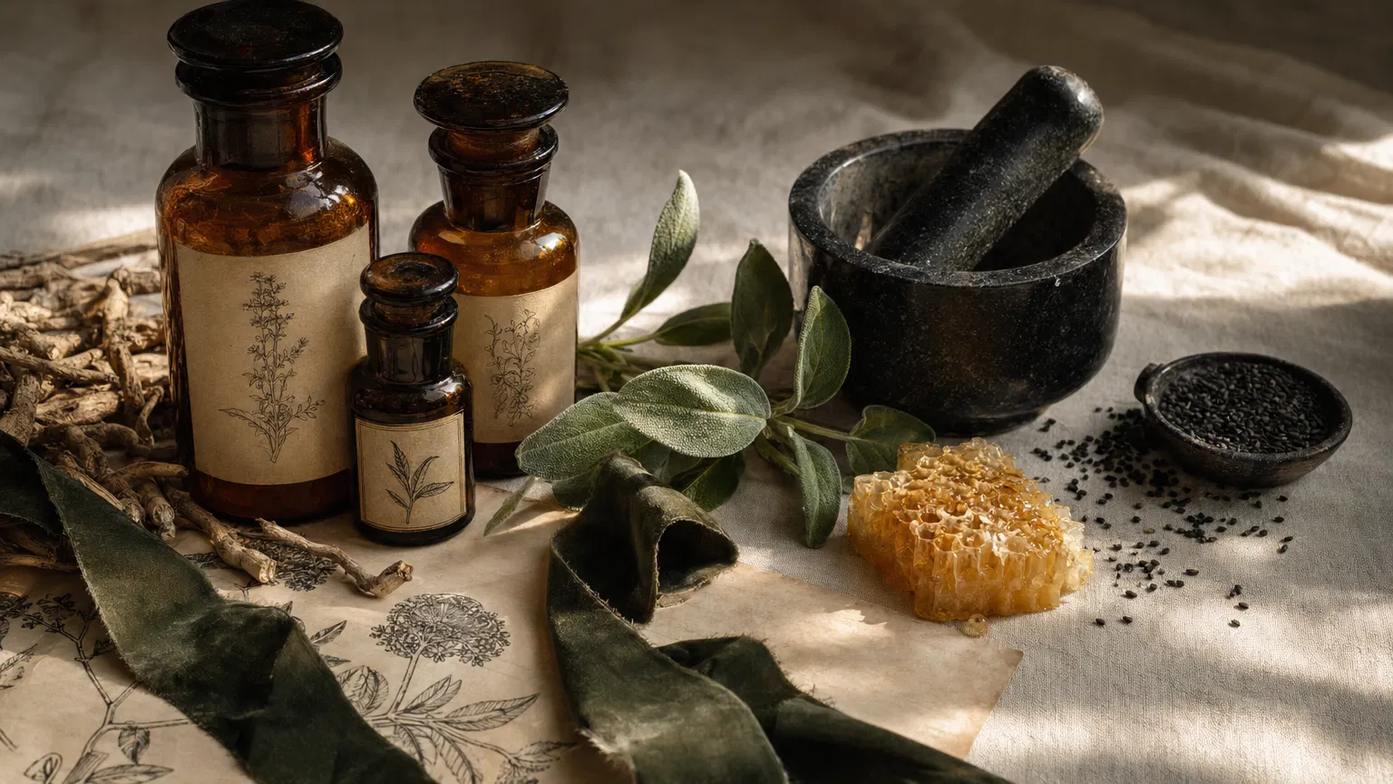 Apothecary still life with amber bottles, dried herbs and a stone mortar