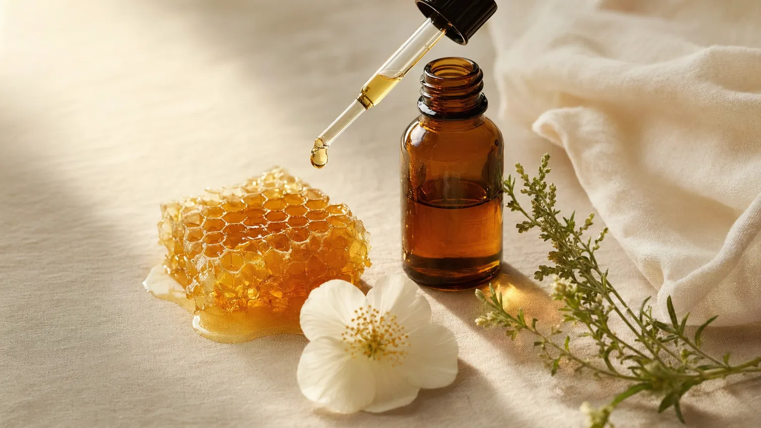 Honeycomb beside a small amber bottle of propolis essence