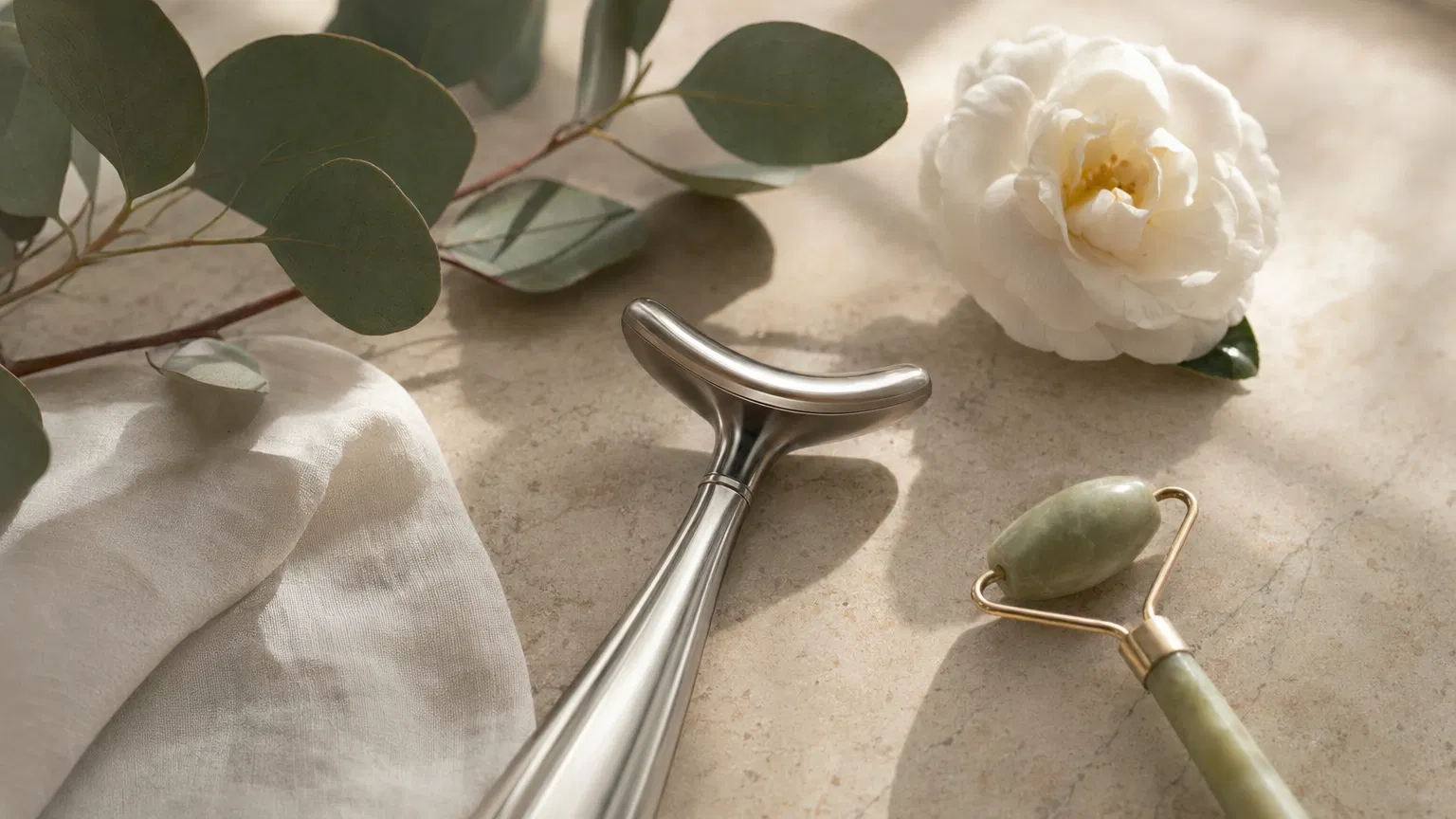 Close-up of a woman performing a guided facial massage with a stainless steel tool