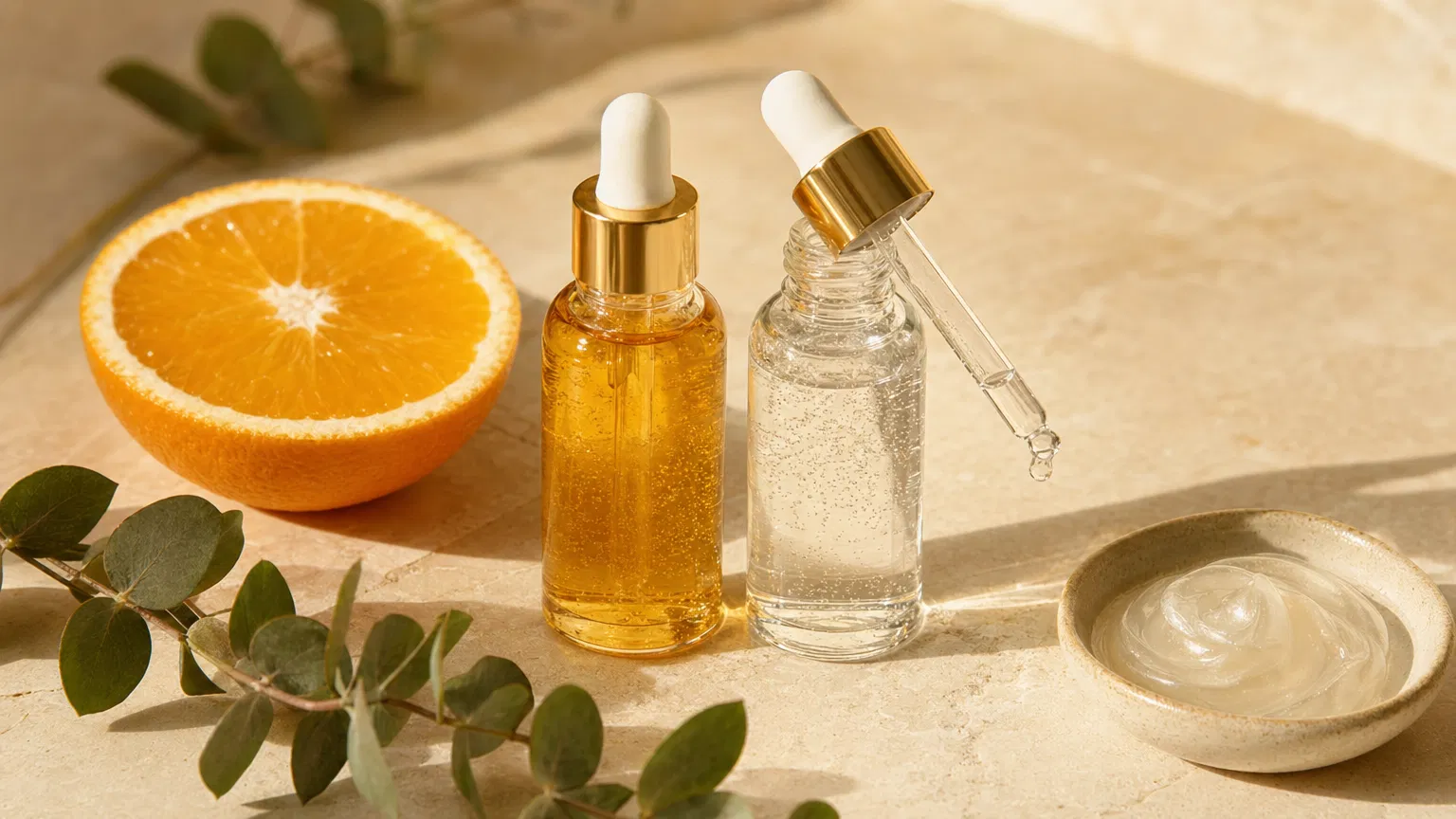 Glass dropper bottles of vitamin C serum and hyaluronic acid on a stone tile