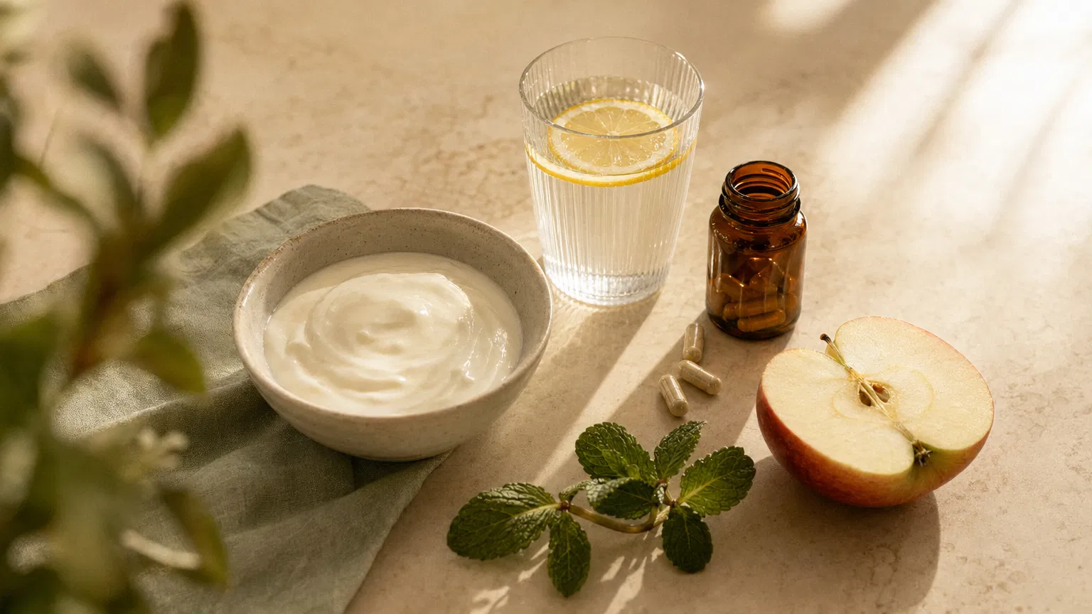 Glass of water with lemon next to a small bowl of probiotic-rich yogurt
