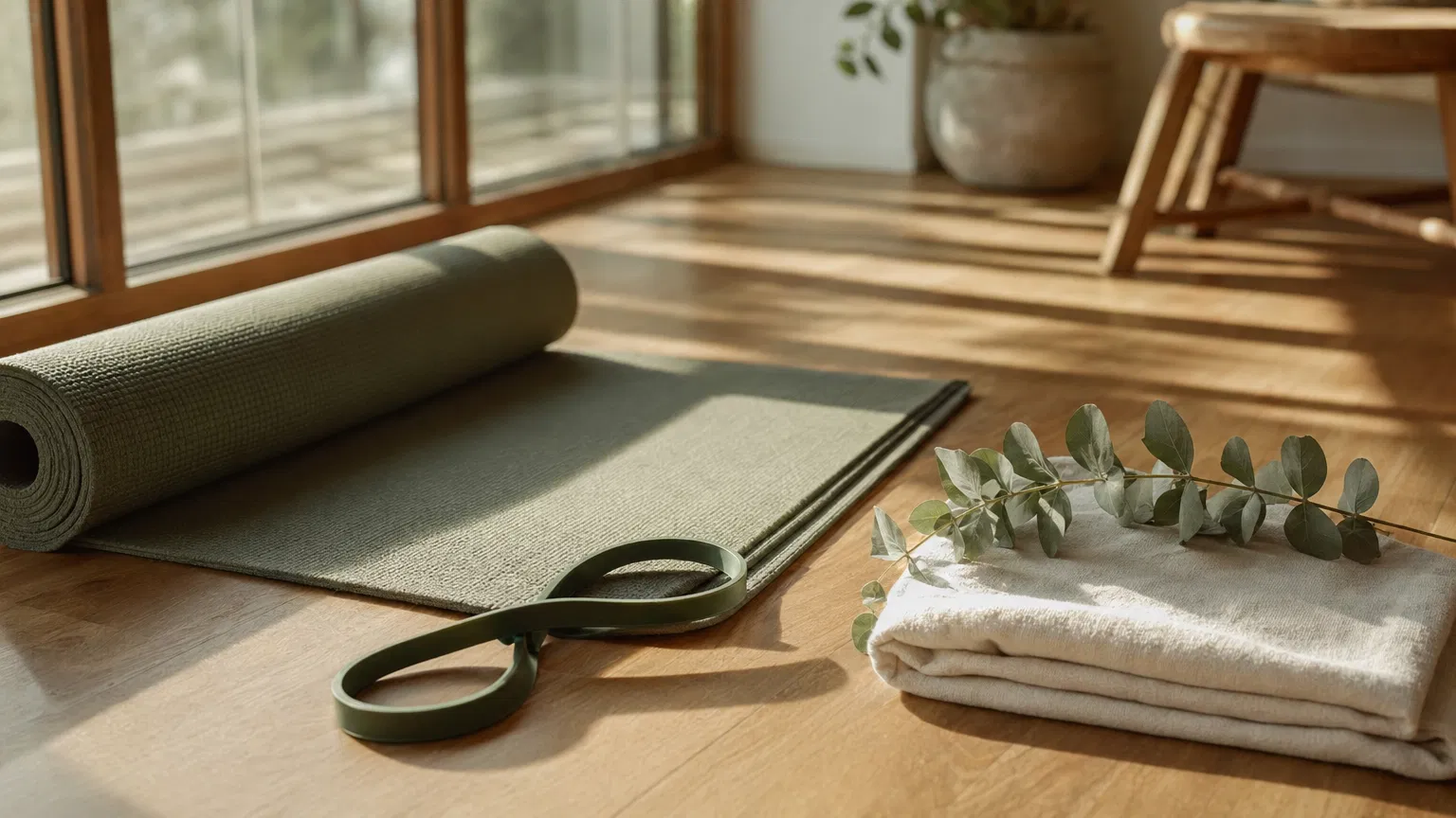 Person stretching with a yoga strap by a sunlit window