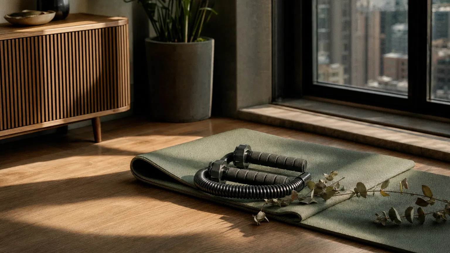 Person performing battle rope waves in a small home workout space