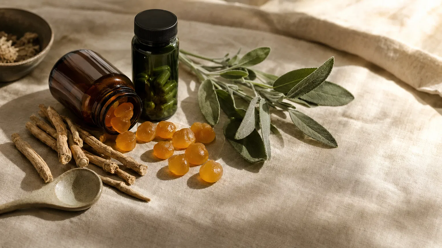 Amber glass apothecary jars on a marble counter beside dried ashwagandha root