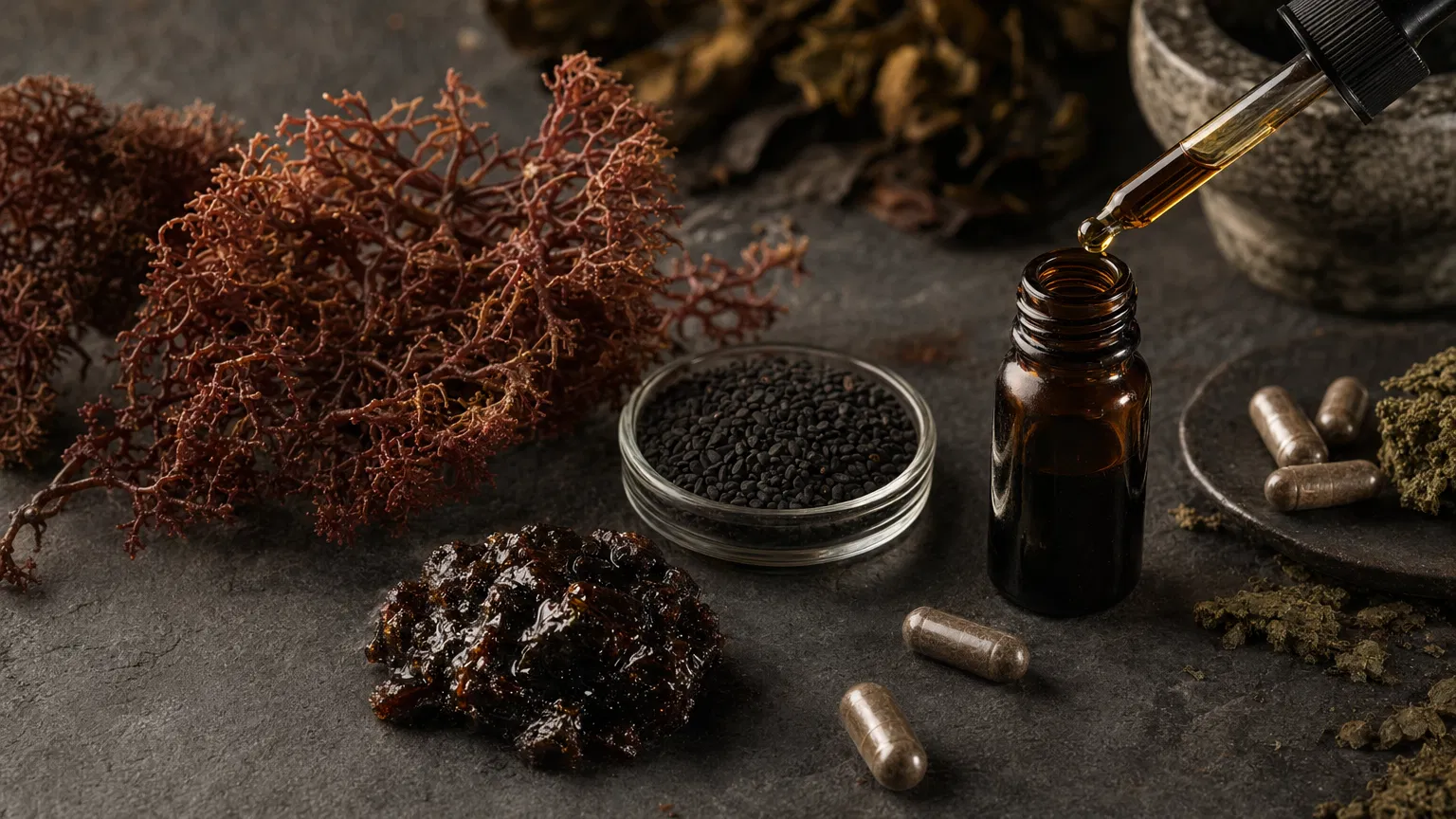 Dried sea moss, black seeds and shilajit resin on a dark slate surface