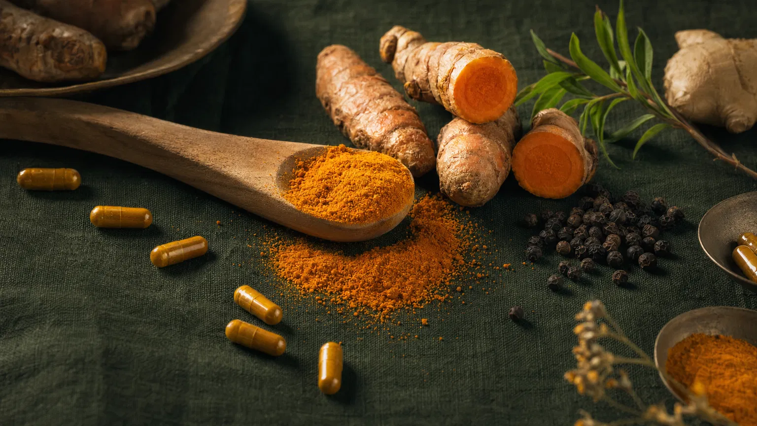 Bright orange turmeric powder spilling from a wooden spoon next to fresh turmeric root