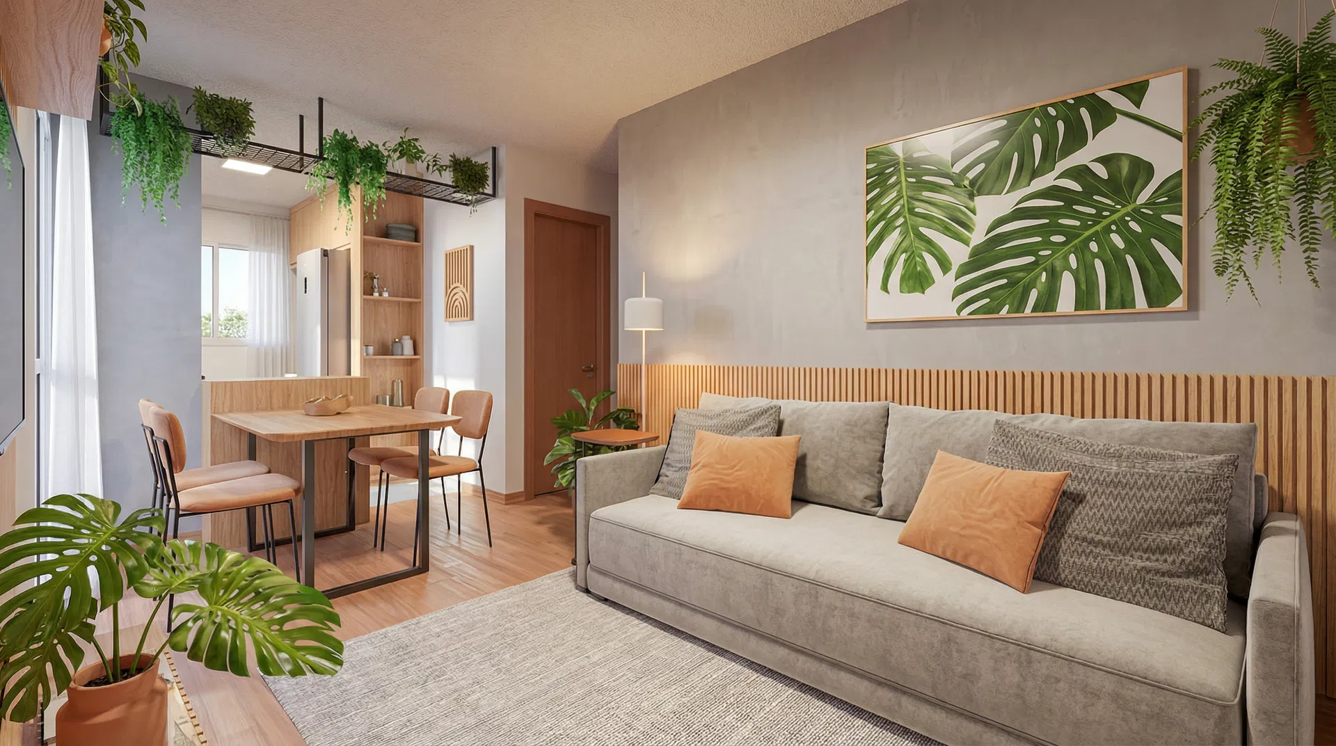 Sala e jantar integrados — sofá cinza, almofadas laranja, painel ripado de madeira