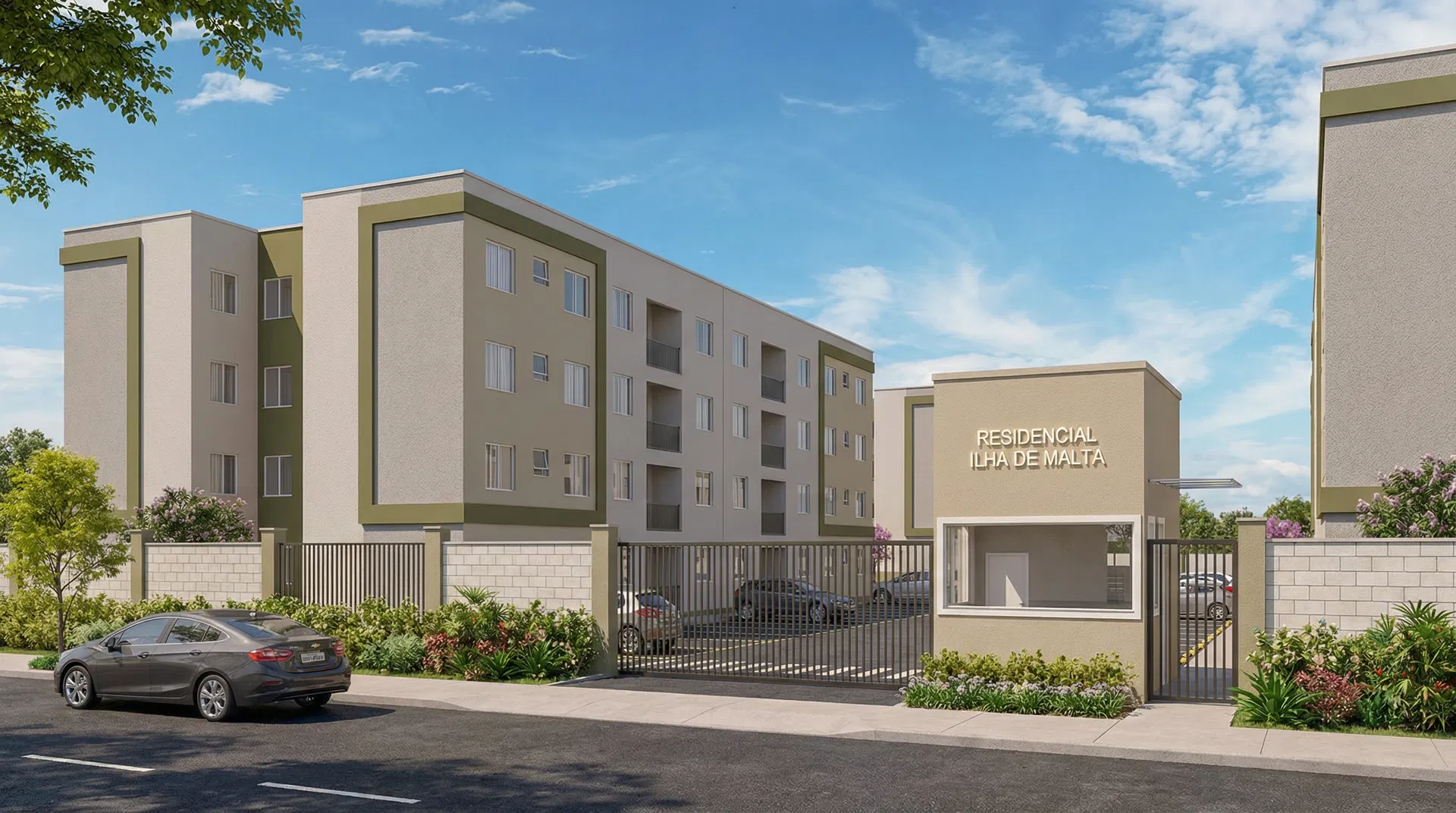 Fachada do Residencial Ilha de Malta — prédios 4 andares, guarita, portão