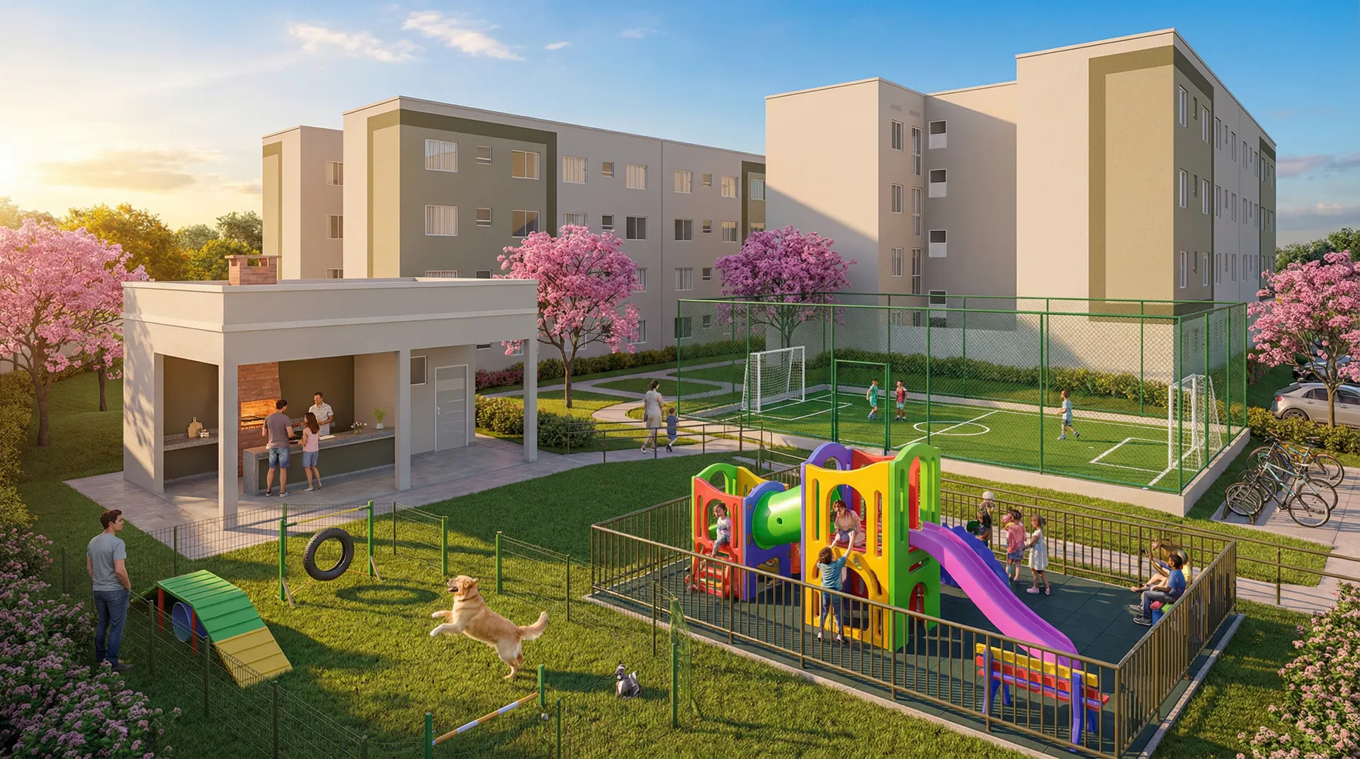 Área de lazer completa do Ilha de Malta — churrasqueira, pet place, playground, quadra gramada e bicicletário