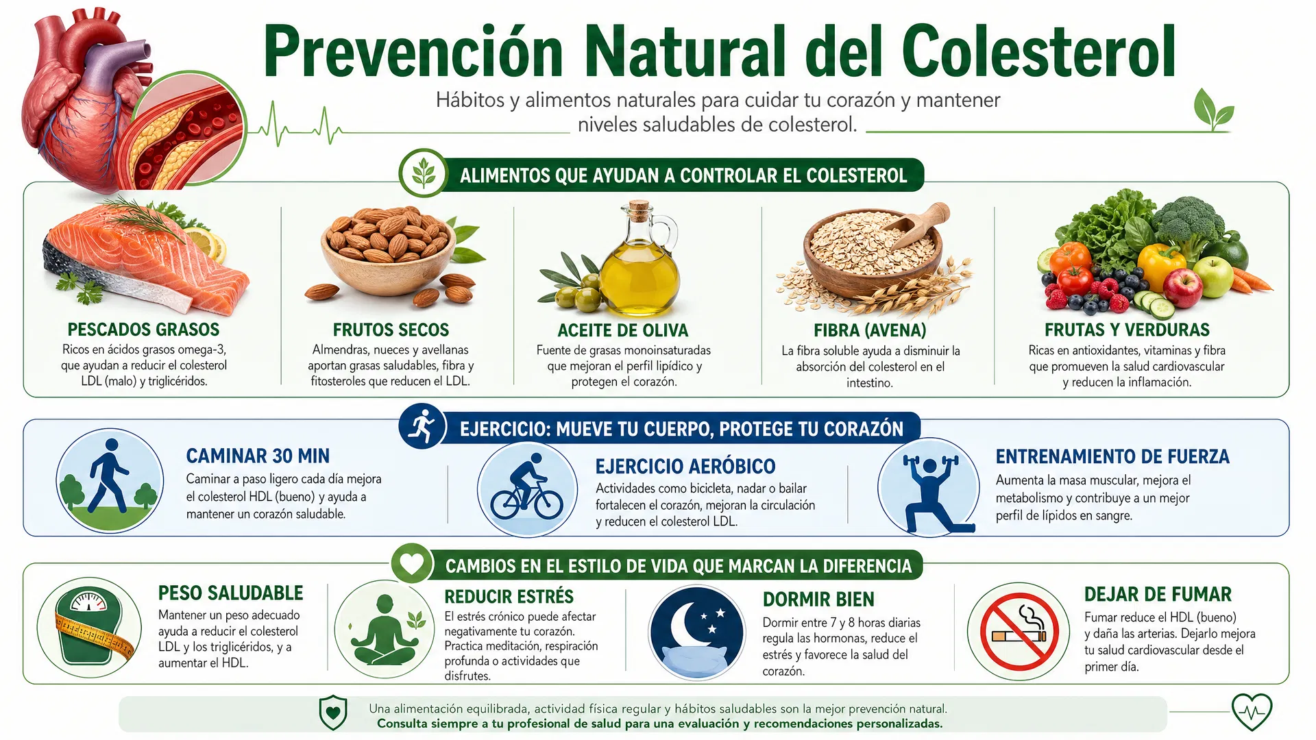 Prevención Natural del Colesterol - Infografía mostrando alimentos saludables, ejercicios recomendados, cambios de estilo de vida y resultados