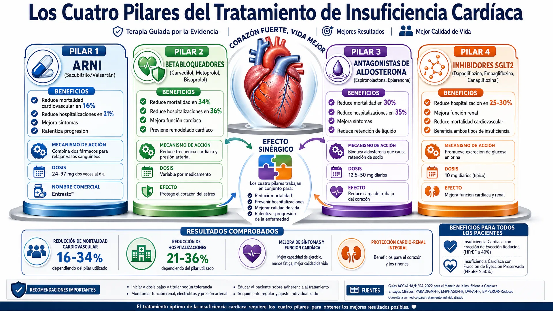Los Cuatro Pilares del Tratamiento de Insuficiencia Cardíaca - Infografía con ARNI, Betabloqueadores, Antagonistas de Aldosterona e Inhibidores SGLT2