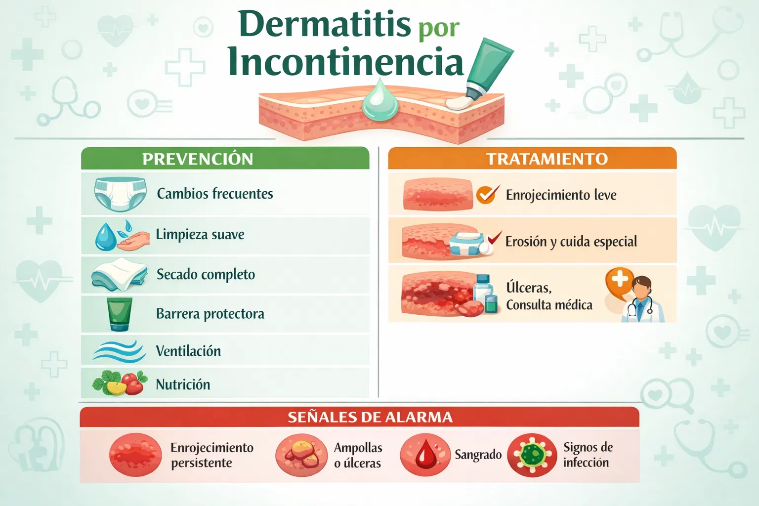 Infografía sobre dermatitis por incontinencia: prevención, tratamiento y señales de alarma