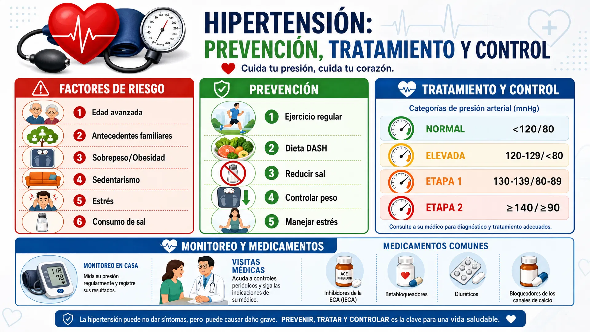 Infografía sobre hipertensión: factores de riesgo, prevención, tratamiento y monitoreo