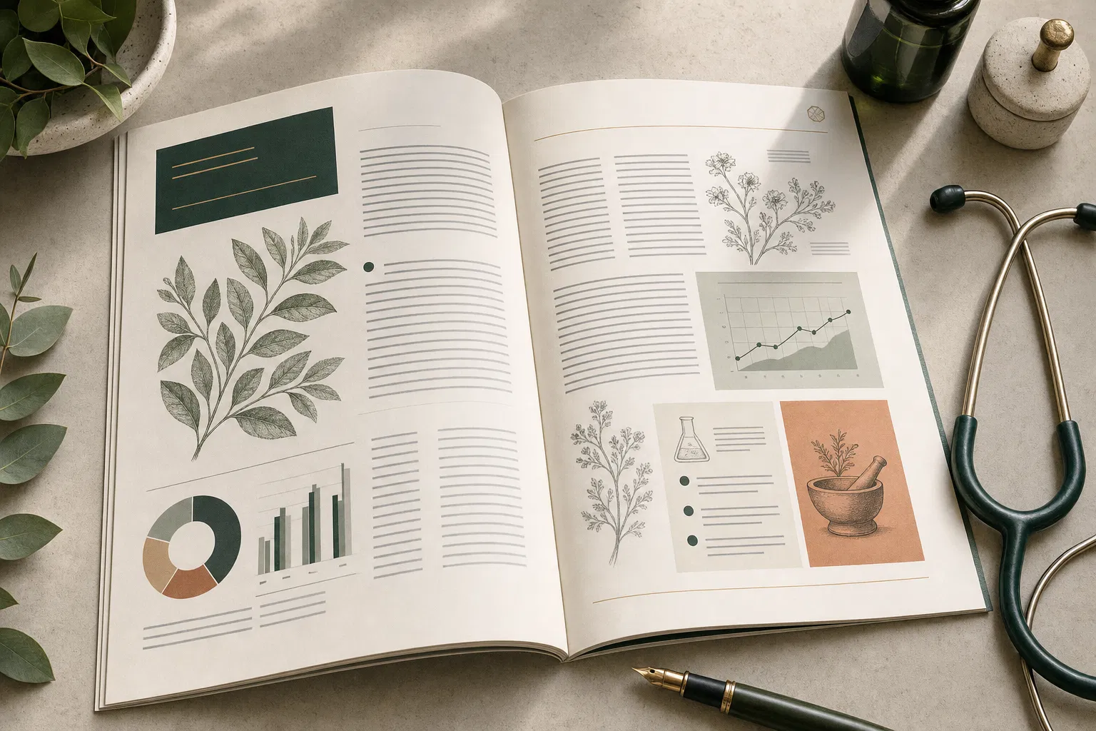 Revista médica editorial con gráficos e ilustraciones botánicas