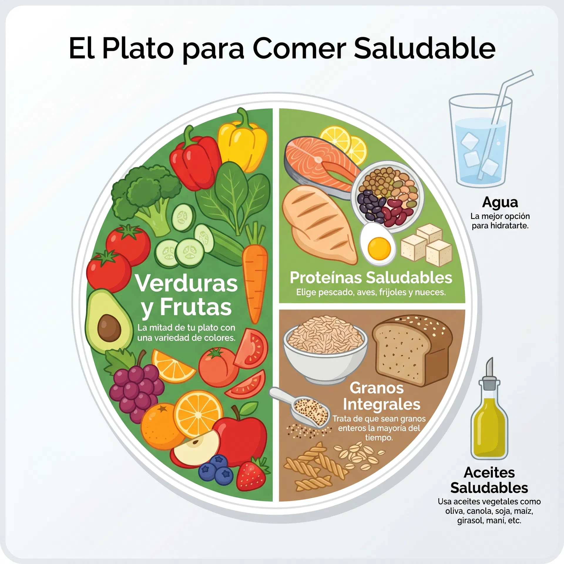 Infografía del Plato para Comer Saludable: 50% verduras y frutas, 25% proteínas saludables, 25% carbohidratos complejos