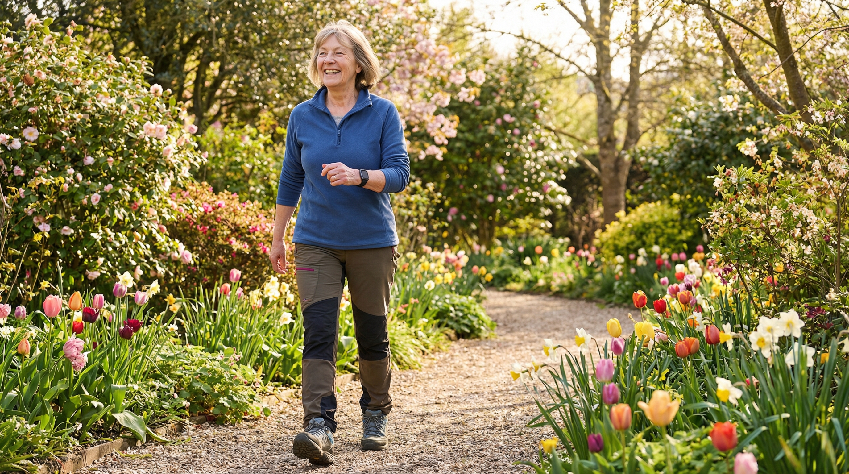 Senior woman walking confidently outdoors on a garden path in spring, demonstrating outdoor fall prevention