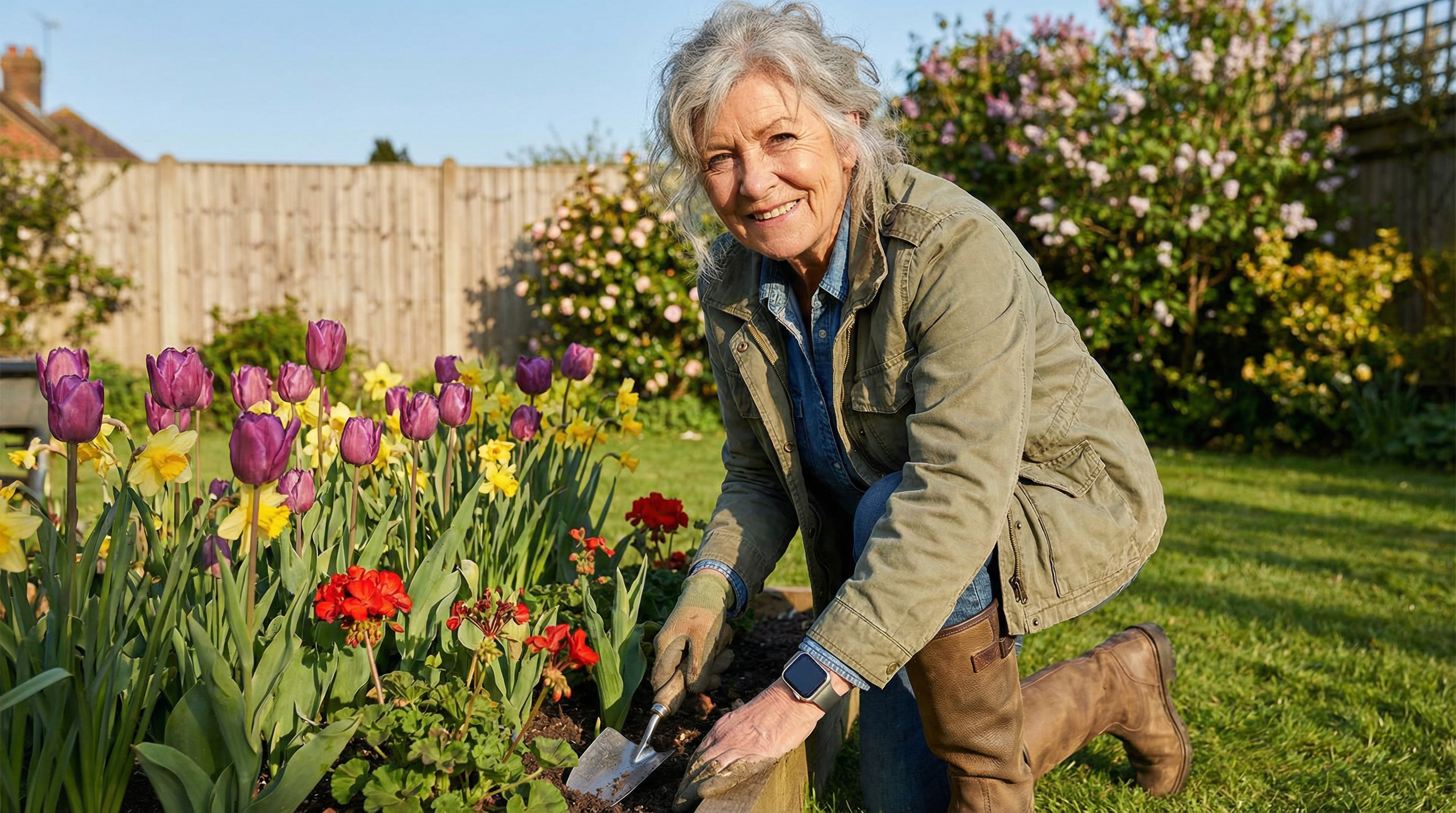 A smiling senior woman gardening in her sunny backyard, feeling safe and confident with a smartwatch on her wrist