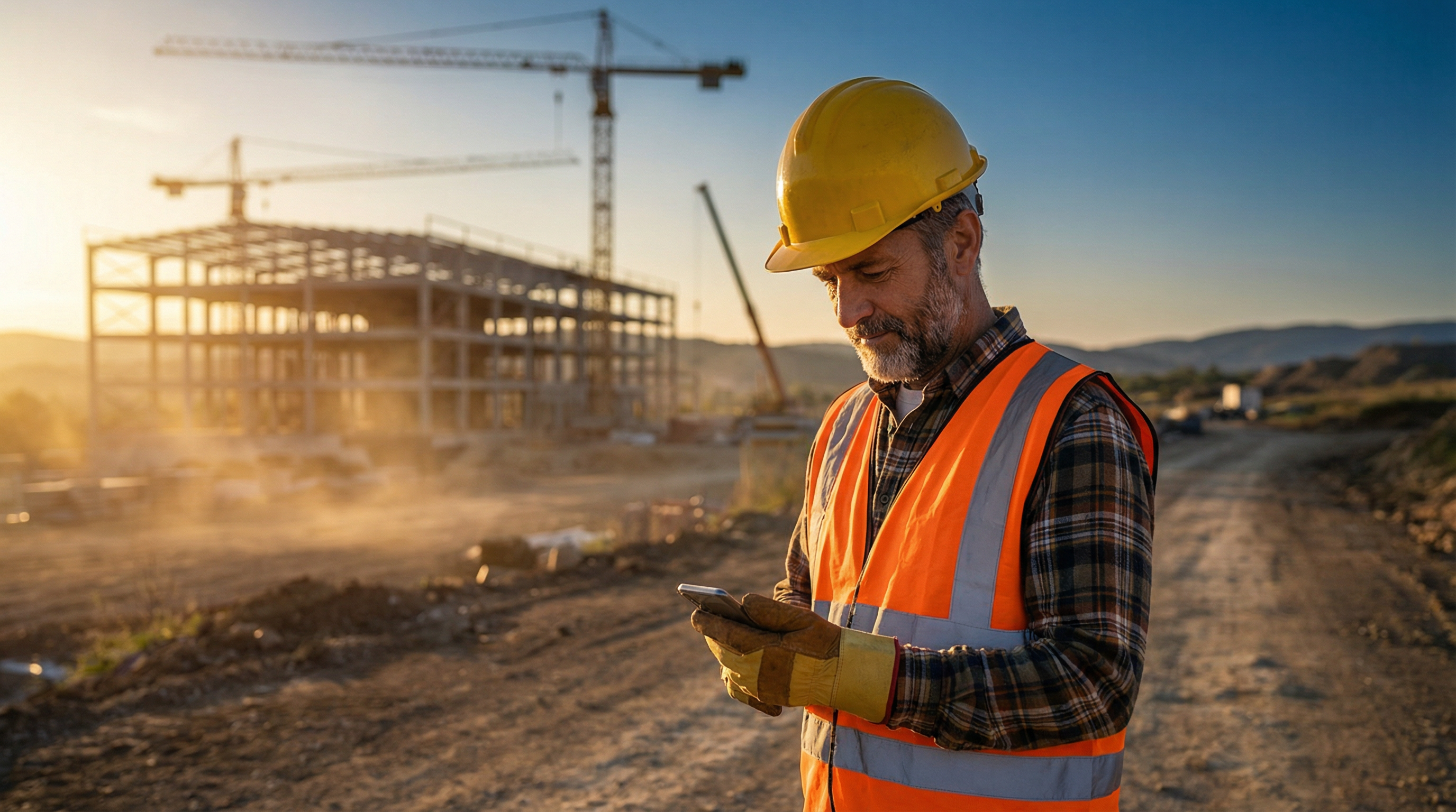 A male construction worker in a hard hat and safety vest checks his phone on a construction site at sunset, looking calm and in control.