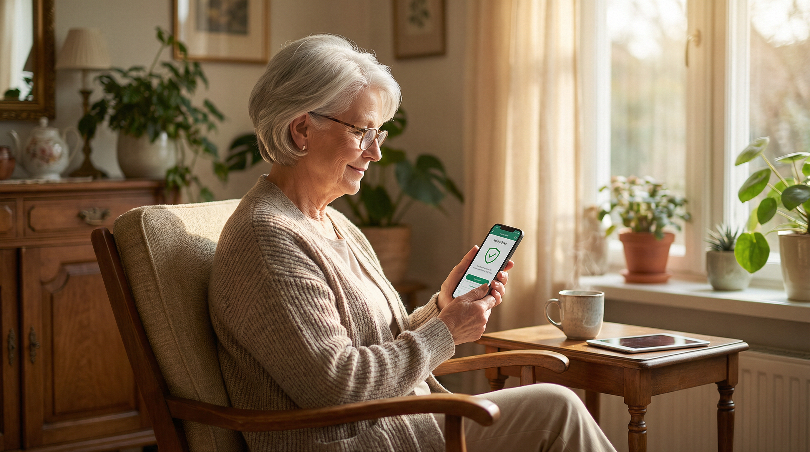 A senior woman sitting in a bright, cozy living room, calmly checking her smartphone safety app, conveying independence and peace of mind