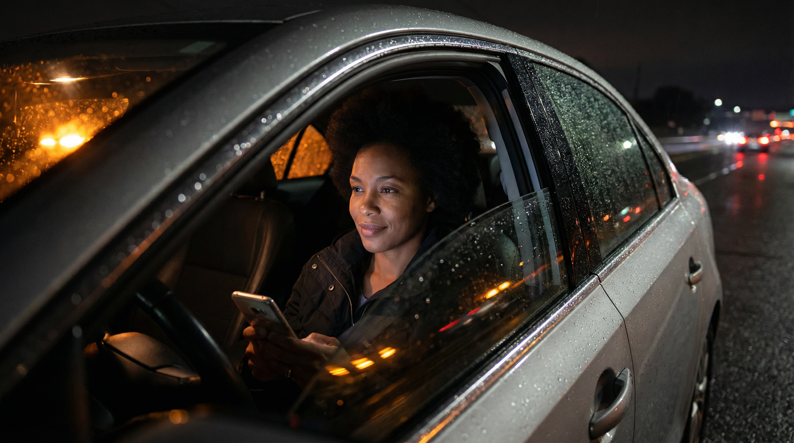 A woman sitting calmly in her car at night with hazard lights on, using a safety app on her phone