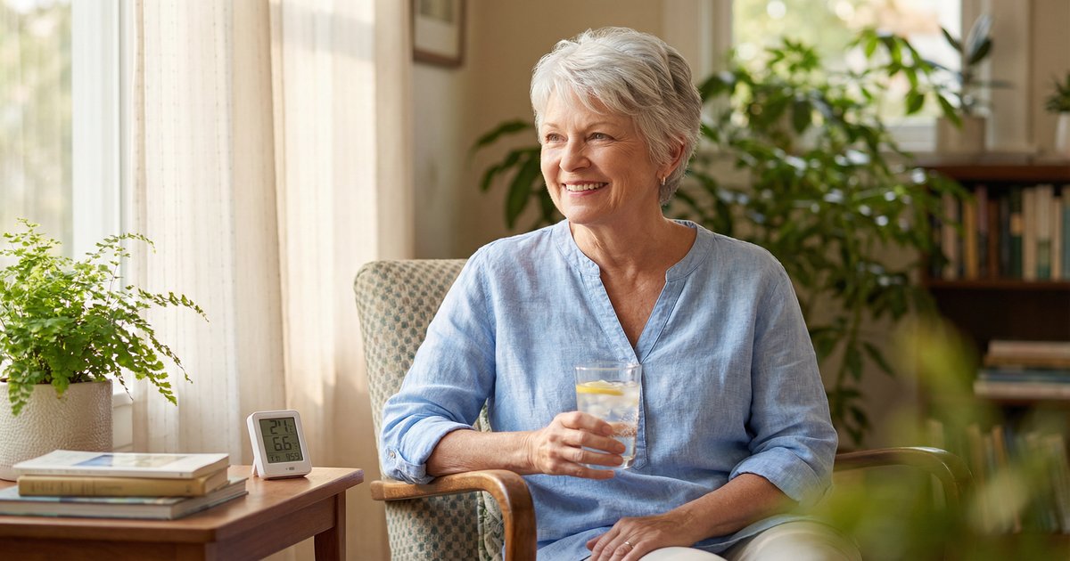 Senior woman sitting comfortably at home with a glass of water, staying cool and safe during summer heat