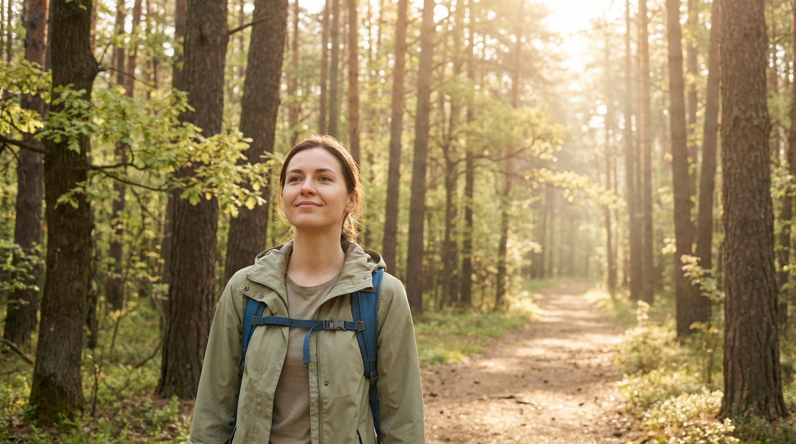 A confident woman hiking alone on a spring forest trail with sunlight filtering through the trees