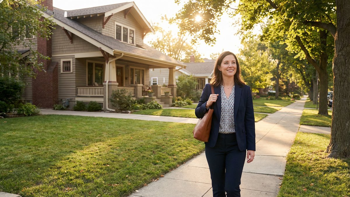 Professional woman walking confidently along a residential street toward a home visit in the late afternoon sun