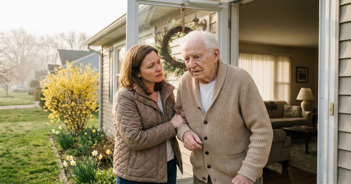 Adult daughter and elderly father sitting together at home, reviewing a safety plan