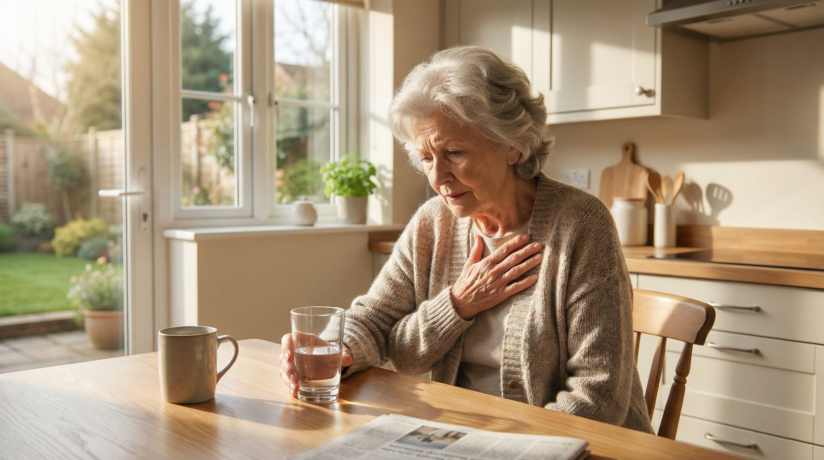 Elderly woman sitting alone at kitchen table with hand on chest, experiencing silent heart attack symptoms