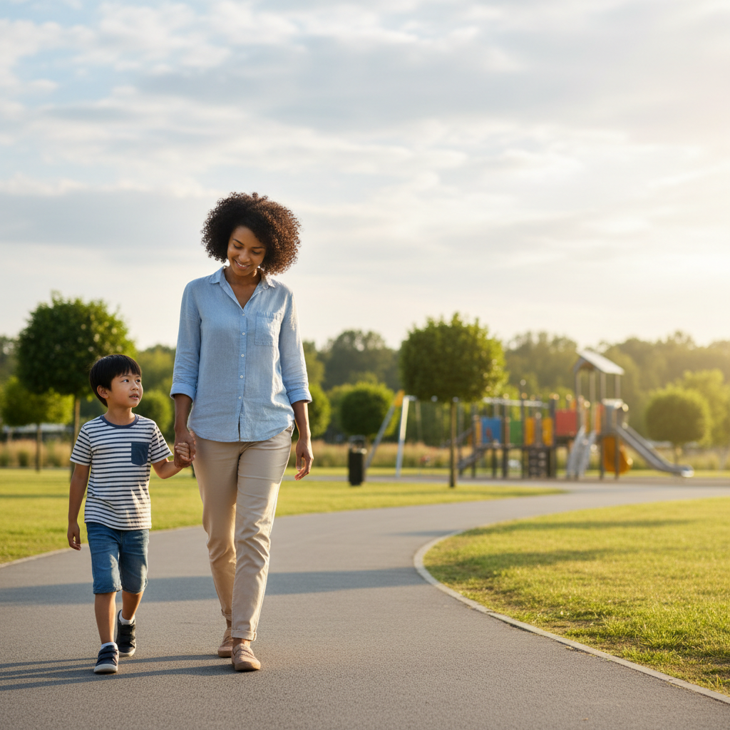 A mother and child walking hand-in-hand on a paved path in a modern, clean park, conveying a sense of safety and calm during an outing.