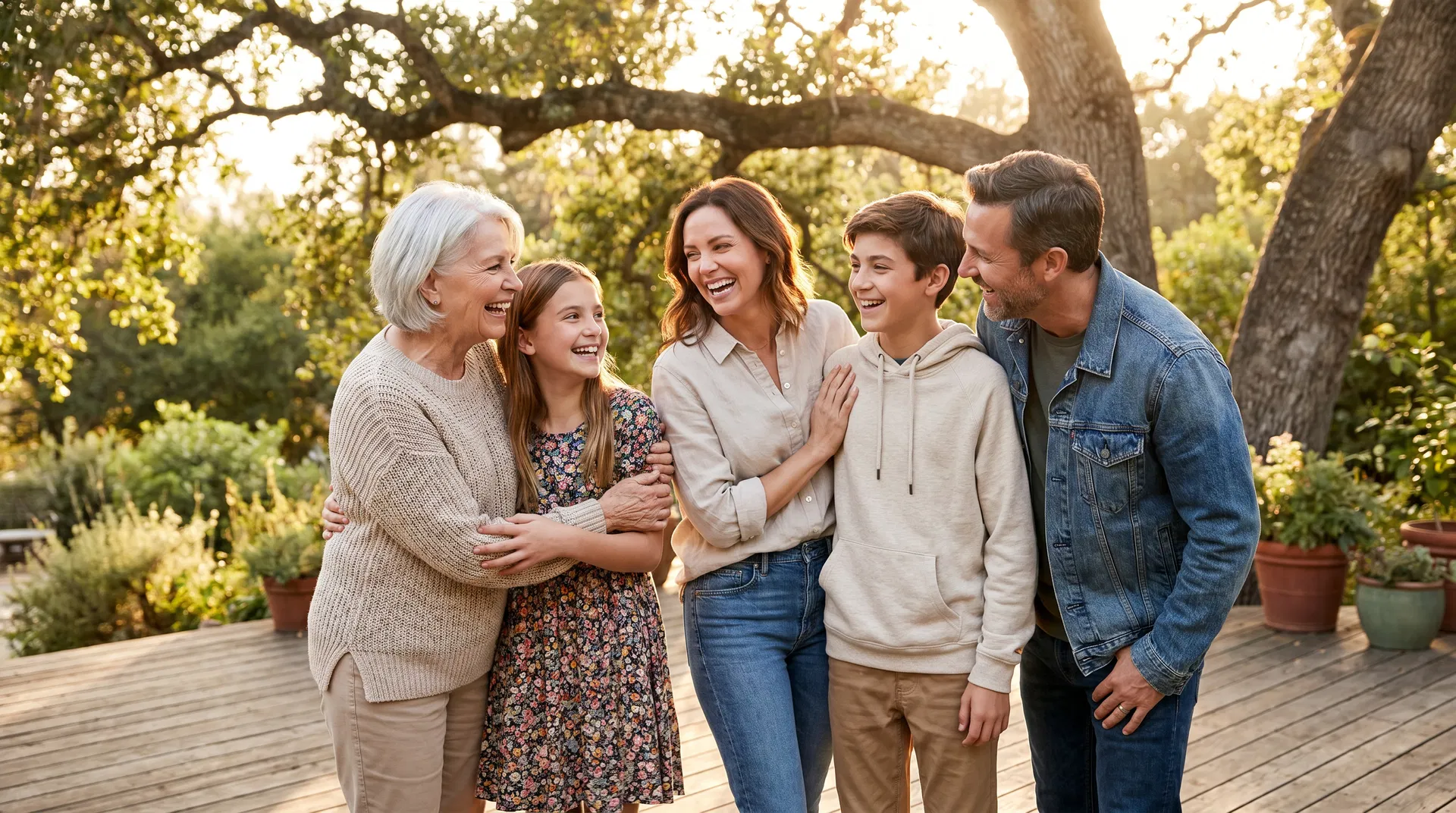 Multi-generational family including grandmother, parents, and teenagers enjoying time together outdoors