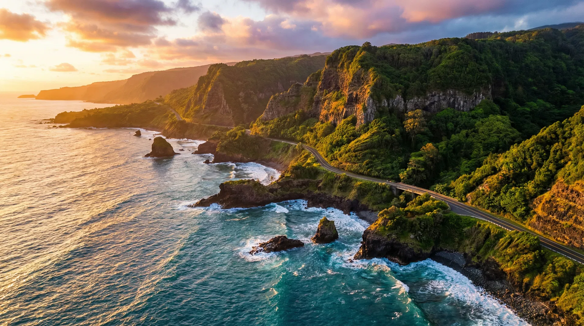Dramatic coastal landscape at golden hour
