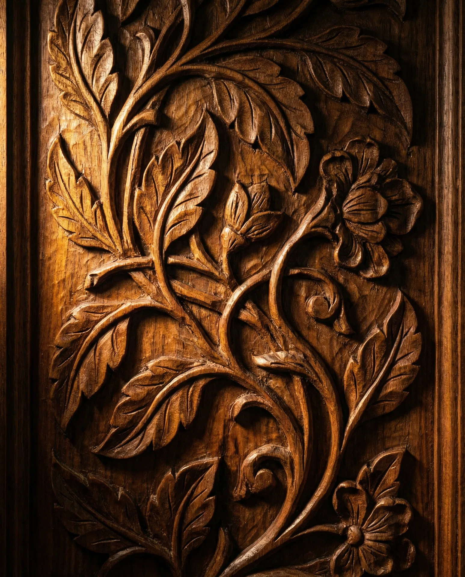 Hand-carved walnut detail