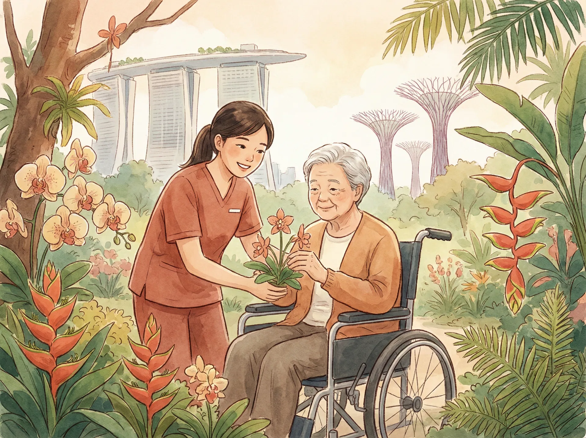 Caregiver helping elderly person in a garden