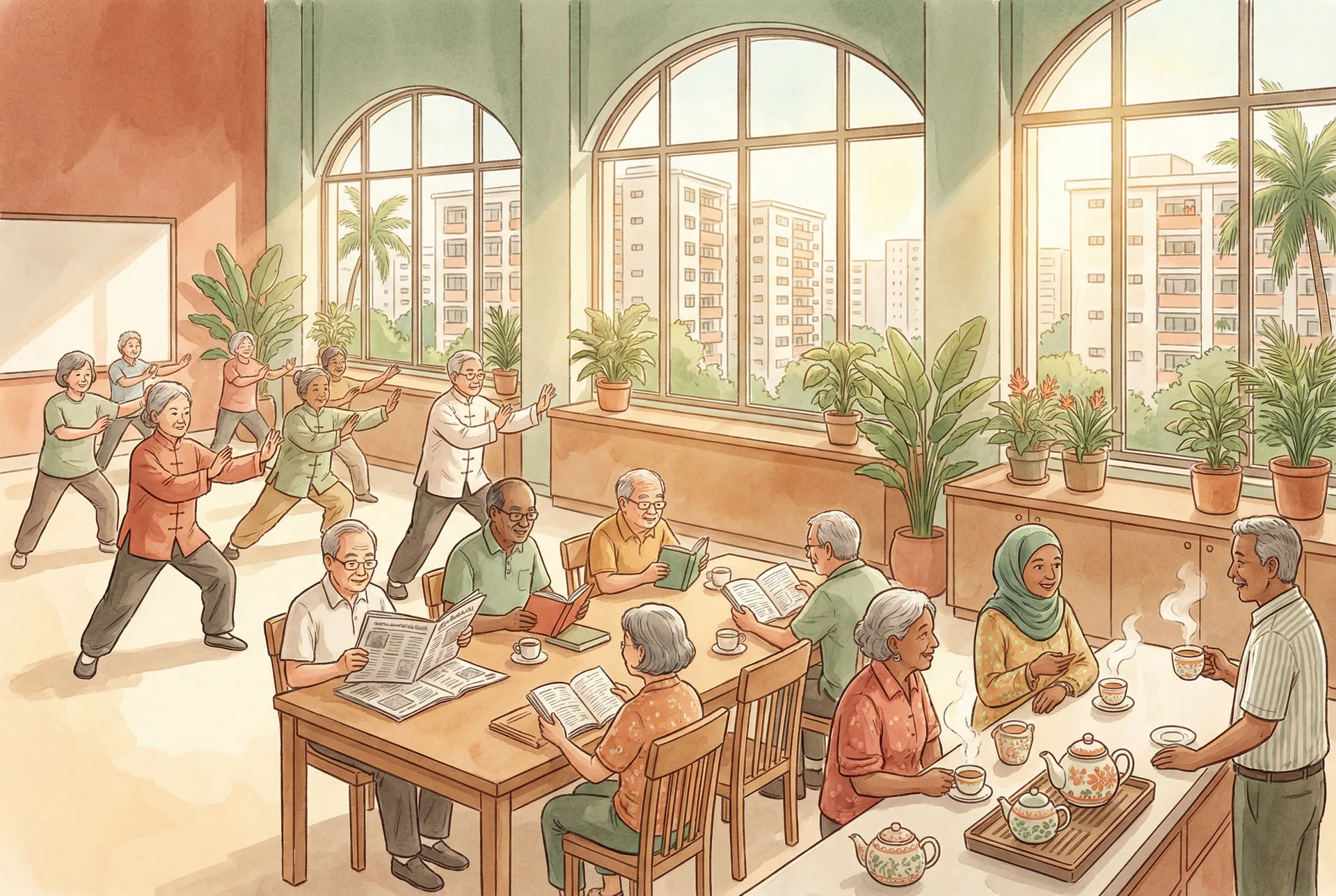 Senior activity centre with elderly people doing activities