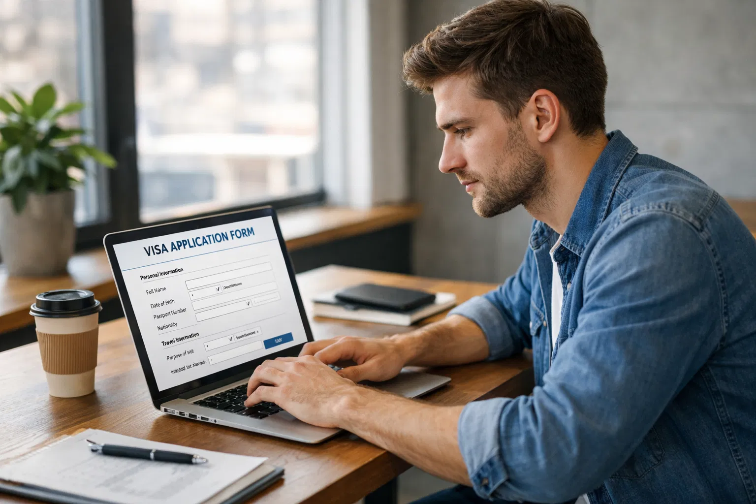 Student filling out visa forms on computer