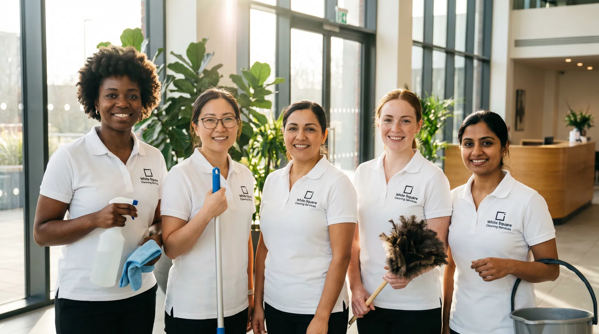 White Square USA professional cleaning team in branded uniforms with cleaning supplies in a modern office lobby