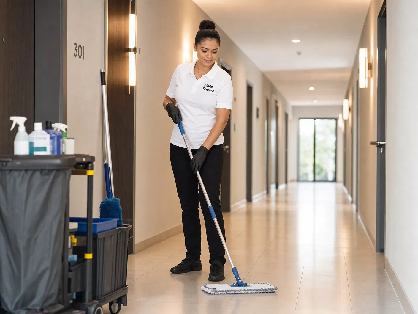 White Square cleaner servicing residential building corridor