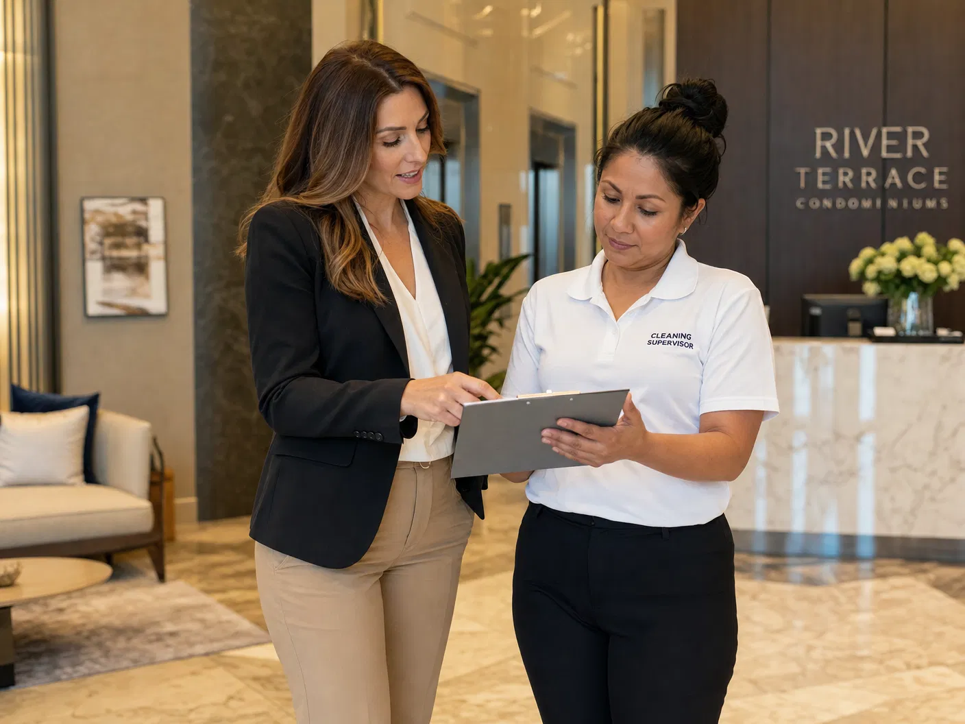 Property manager reviewing building with White Square cleaning supervisor