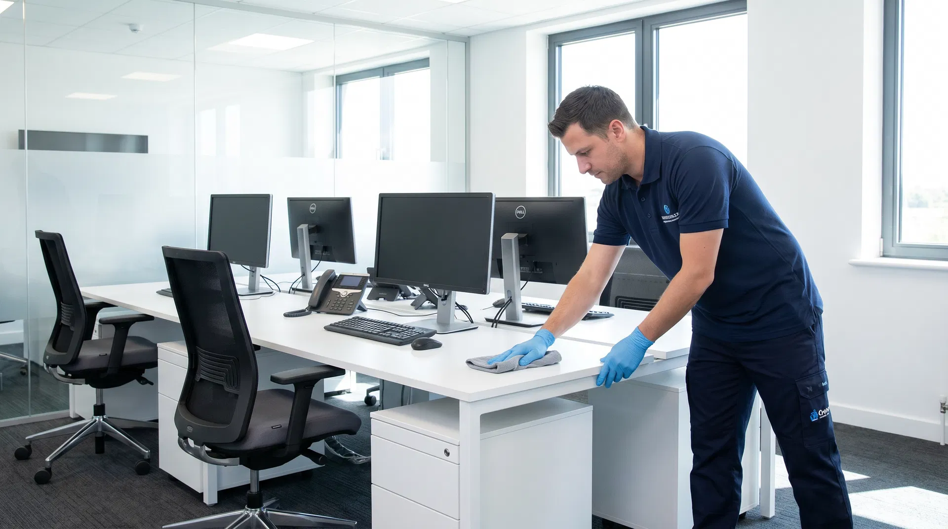 Professional cleaner sanitizing office desk and workstation in Miami