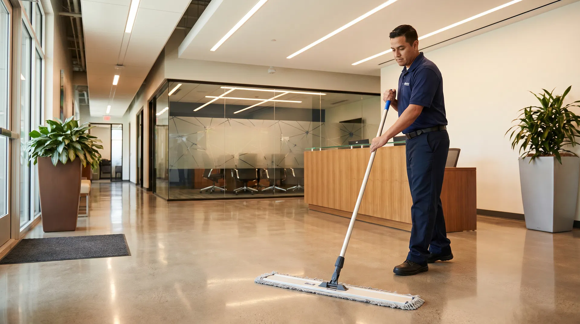 Professional cleaner mopping office lobby floor in Miami